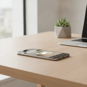 Een moderne werktelefoon op een bureau waarop de nieuwe iOS 27 AI-fototools worden gebruikt voor fotobewerking.