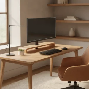 Een moderne thuiswerkplek uitgerust met een bamboe Fully Jarvis monitorverhoger geklemd aan het bureau.