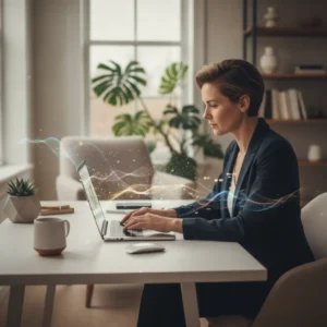 Een professional in een modern thuiskantoor die generatieve AI gebruikt om wekelijks uren tijd te besparen.