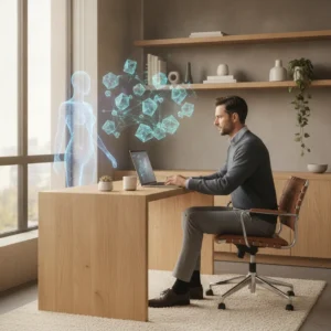 Een moderne en efficiënte AI thuiswerkplek waar een professional met focus en rust aan het werk is.