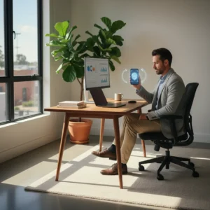 Een professional logt veilig in met biometrie nu Microsoft stopt met sms verificatie.