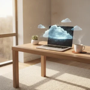 Een strakke en moderne laptop op een bureau die de veilige synchronisatie en de beste cloudopslag voor je thuiswerkplek symboliseert.