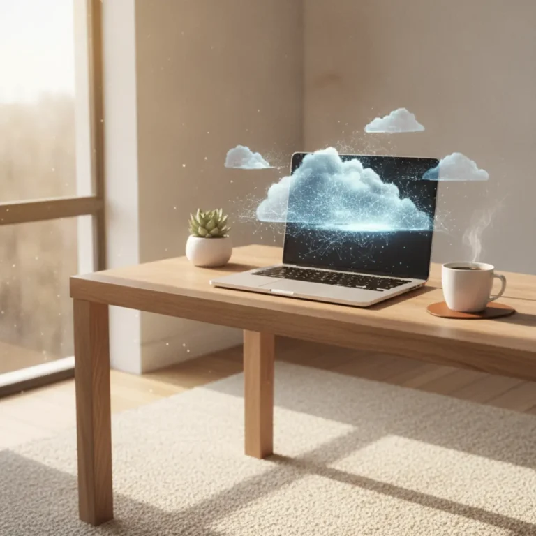 Een strakke en moderne laptop op een bureau die de veilige synchronisatie en de beste cloudopslag voor je thuiswerkplek symboliseert.