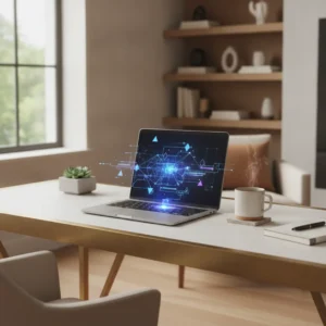 Een georganiseerde thuiswerkplek met een laptop voor het succesvol implementeren van AI in dagelijkse werkprocessen.