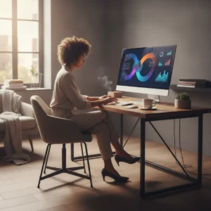 Een professional ontwerpt efficiënt dia's op een laptop met behulp van de beste AI presentatie makers voor thuiswerkers.