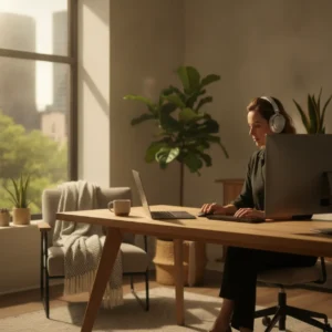 Een gefocuste professional aan het thuiswerken met een premium noise cancelling koptelefoon op.