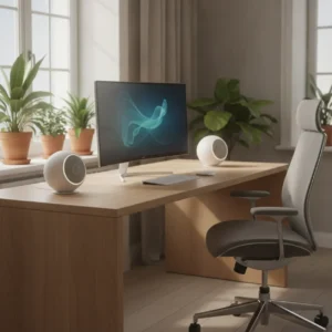 Een minimalistische thuiswerkplek met twee slimme speakers in een perfecte stereo-opstelling naast de monitor.