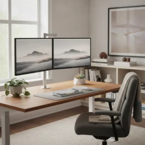 Een ergonomische thuiswerkplek voorzien van de Ergotron Trace dual monitorarm gemonteerd op een houten zit-sta bureau.