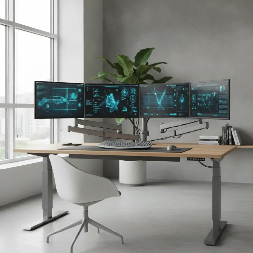 Een ergonomische thuiswerkplek met meerdere monitoren gemonteerd op de robuuste IOP Bild monitorarm.
