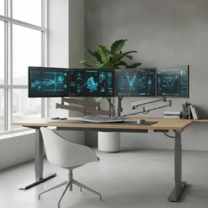 Een ergonomische thuiswerkplek met meerdere monitoren gemonteerd op de robuuste IOP Bild monitorarm.
