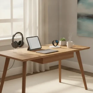 Een modern bureau voorzien van de beste thuiswerkplek gadgets, waaronder een noise-canceling koptelefoon en een slimme tablet.