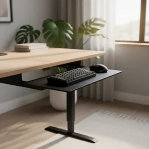 Een ergonomische werkplek met de Uncaged Ergonomics KT1 toetsenbordhouder onder een houten sta-bureau.