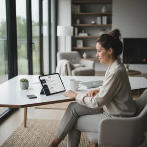 Een geconcentreerde thuiswerker bekijkt één van de beste nieuwsapps op een tablet in een opgeruimd thuiskantoor.