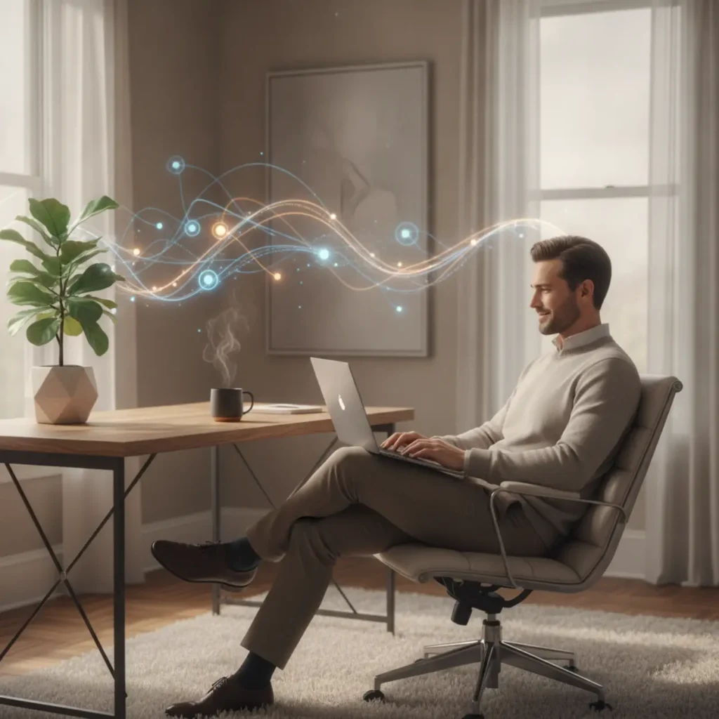 Een professional aan het werk in een modern thuiskantoor, geholpen door slimme Code by Zapier automatisering.