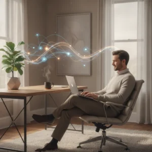 Een professional aan het werk in een modern thuiskantoor, geholpen door slimme Code by Zapier automatisering.