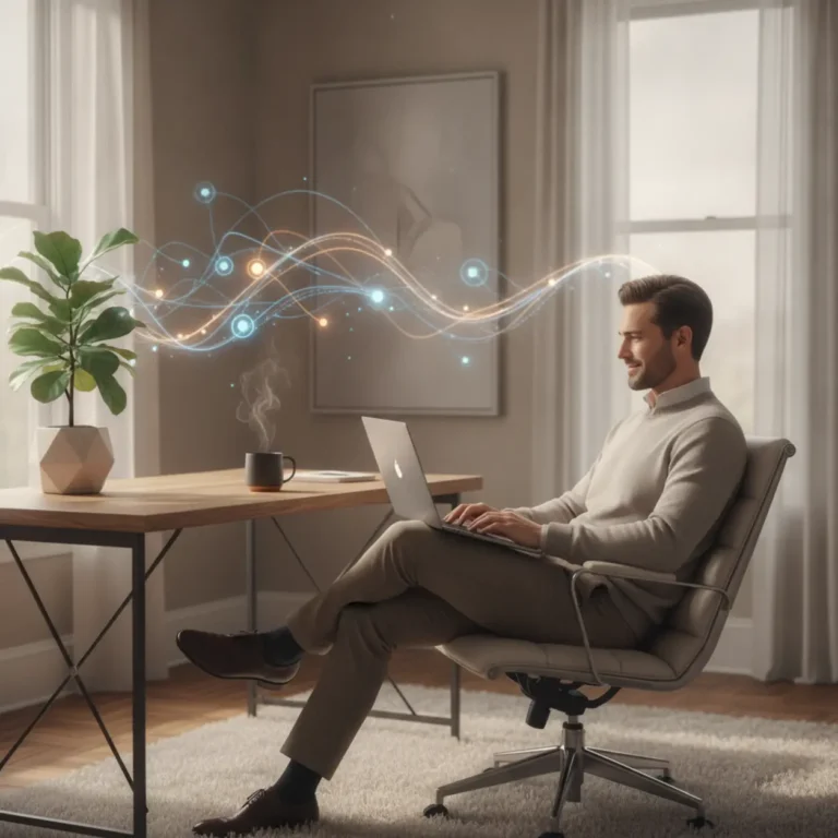 Een professional aan het werk in een modern thuiskantoor, geholpen door slimme Code by Zapier automatisering.
