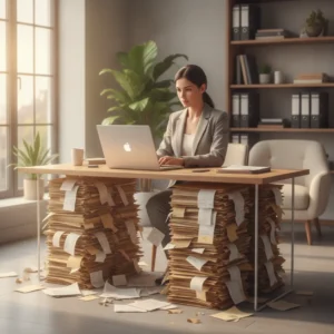 Een moderne thuiswerkende accountant werkt op een laptop die steunt op wankele stapels papier, een metafoor voor AI zonder digitale fundering.