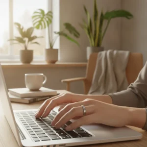 Een professional draagt een slimme ring als schermvrije gezondheidstracker tijdens het thuiswerken achter een laptop.