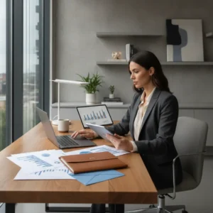 Een professional in een thuiskantoor bekijkt de definitieve belastingaanslag 2025.