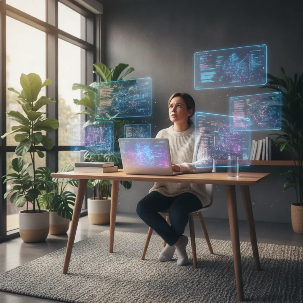 Een thuiswerker voelt zich overprikkeld door digitale ruis, wat perfect de kritiek op de nieuwste Google AI reclame voor thuiswerkers illustreert.