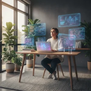 Een thuiswerker voelt zich overprikkeld door digitale ruis, wat perfect de kritiek op de nieuwste Google AI reclame voor thuiswerkers illustreert.