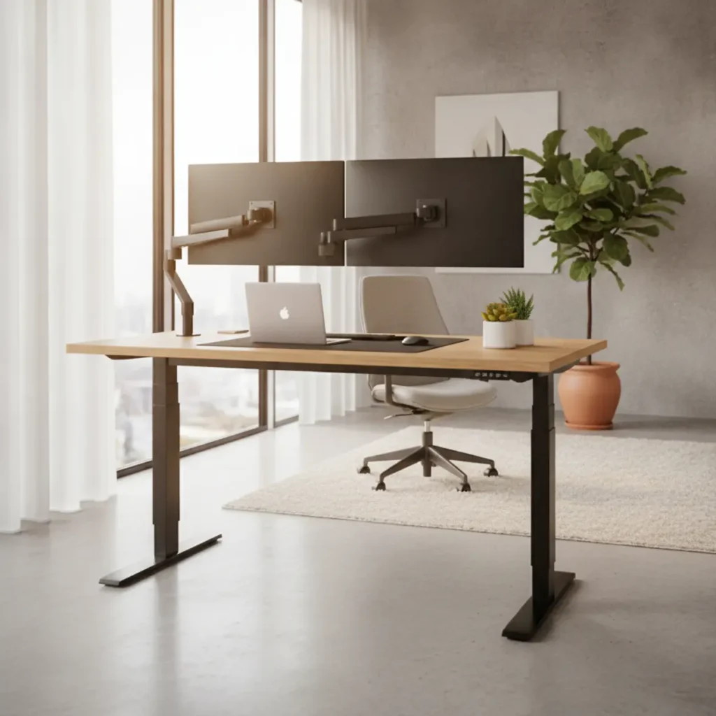Een modern ingerichte thuiswerkplek met het elektrische UpLift V2 zit-sta bureau op stahoogte.