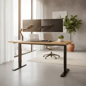Een modern ingerichte thuiswerkplek met het elektrische UpLift V2 zit-sta bureau op stahoogte.