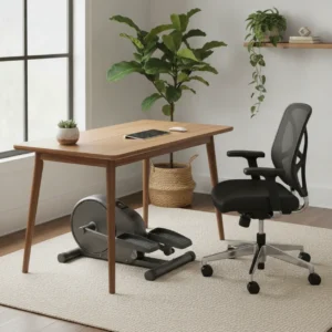 De j/fit under desk elliptical trainer onder een modern bureau in een stijlvolle thuiswerkplek.