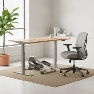 Een ergonomische mini hometrainer met elliptische beweging geplaatst onder een zit-sta bureau ter preventie van kniepijn.