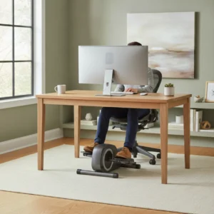 Een thuiswerker test de FitDesk under desk elliptical tijdens het werken aan een houten bureau.