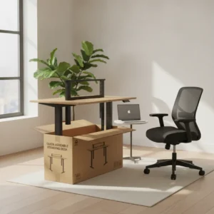 Een moderne thuiswerkplek met de iMovR ZipDesk, een hoogwaardig elektrisch sta-bureau dat bekend staat om de snelle montage.