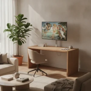 Een modern lifestyle scherm toont een kunstwerk aan de muur van een minimalistische thuiswerkplek voor visuele rust.