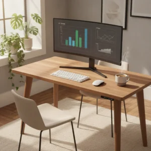 Een 27-inch gaming monitor op een bureau als perfecte ergonomische upgrade voor je thuiswerkplek.