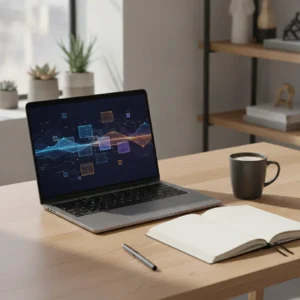 Een moderne thuiswerkplek met een laptop die het efficiënt inzetten van AI tokens symboliseert.