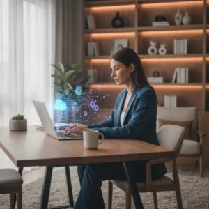 Een professional werkt efficiënt in een thuiskantoor dankzij slimme en betaalbare RPA software alternatieven.