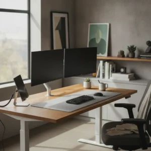 Een ergonomische thuiswerkplek met een dubbele monitorarm op een zit-sta bureau.