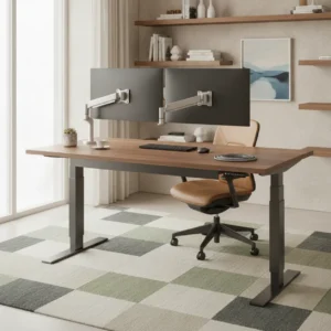 Een moderne thuiswerkplek met het premium NewHeights Elegante XT elektrisch zit-sta bureau.