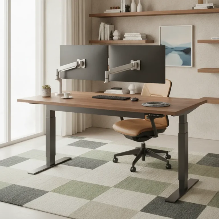 Een moderne thuiswerkplek met het premium NewHeights Elegante XT elektrisch zit-sta bureau.
