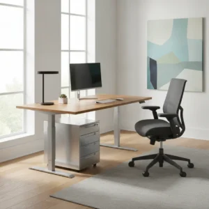 Een modern en georganiseerd thuiskantoor met een stijlvol ladeblok als opbergruimte voor een sta bureau.