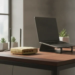 Een oude router op het bureau van een moderne thuiswerkplek, wat een verborgen veiligheidsrisico vormt voor thuiswerkers.