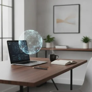 Een moderne thuiswerkplek waar een AI agent autonoom digitale taken uitvoert op een laptop.