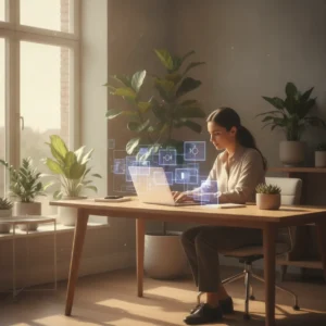 Een professional in een modern thuiskantoor gebruikt slimme AI prompt templates op een laptop om direct uren tijd te besparen.