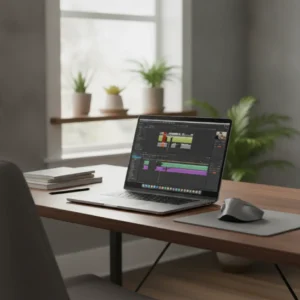 Een moderne en ergonomische thuiswerkplek met een van de beste laptops voor videobewerking op het bureau.