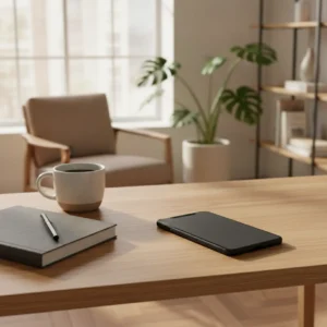 De TCL Nxtpaper 70 Pro smartphone met mat beeldscherm op een bureau, ideaal voor thuiswerkers met vermoeide ogen.