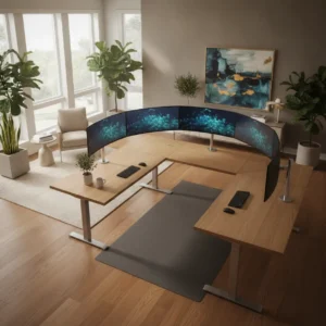 Een modern thuiskantoor ingericht met een ruim u-vormig zit-sta bureau en meerdere ergonomisch afgestelde beeldschermen.