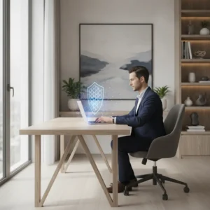 Een professional werkt veilig op een laptop in een thuiskantoor als voorbereiding op de Cyberbeveiligingswet.