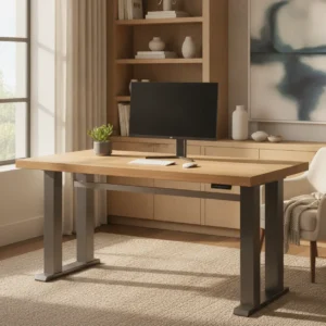 Een modern thuiskantoor ingericht met het Uplift V2-Commercial zit-sta bureau tijdens onze review.