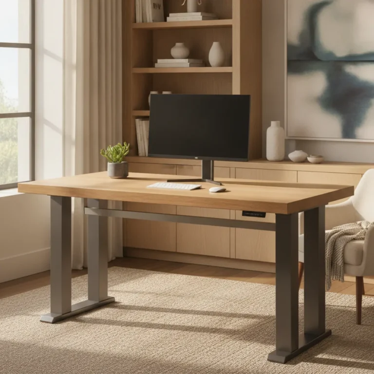 Een modern thuiskantoor ingericht met het Uplift V2-Commercial zit-sta bureau tijdens onze review.