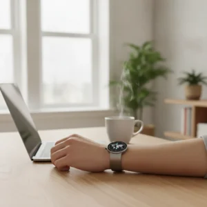 Een thuiswerker draagt de nieuwe Samsung Galaxy Watch 9 tijdens het werken achter een laptop.