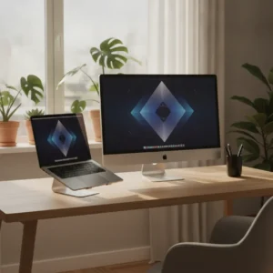 Een moderne thuiswerkplek met een MacBook die is klaargemaakt voor de nieuwe macOS 27 beta.